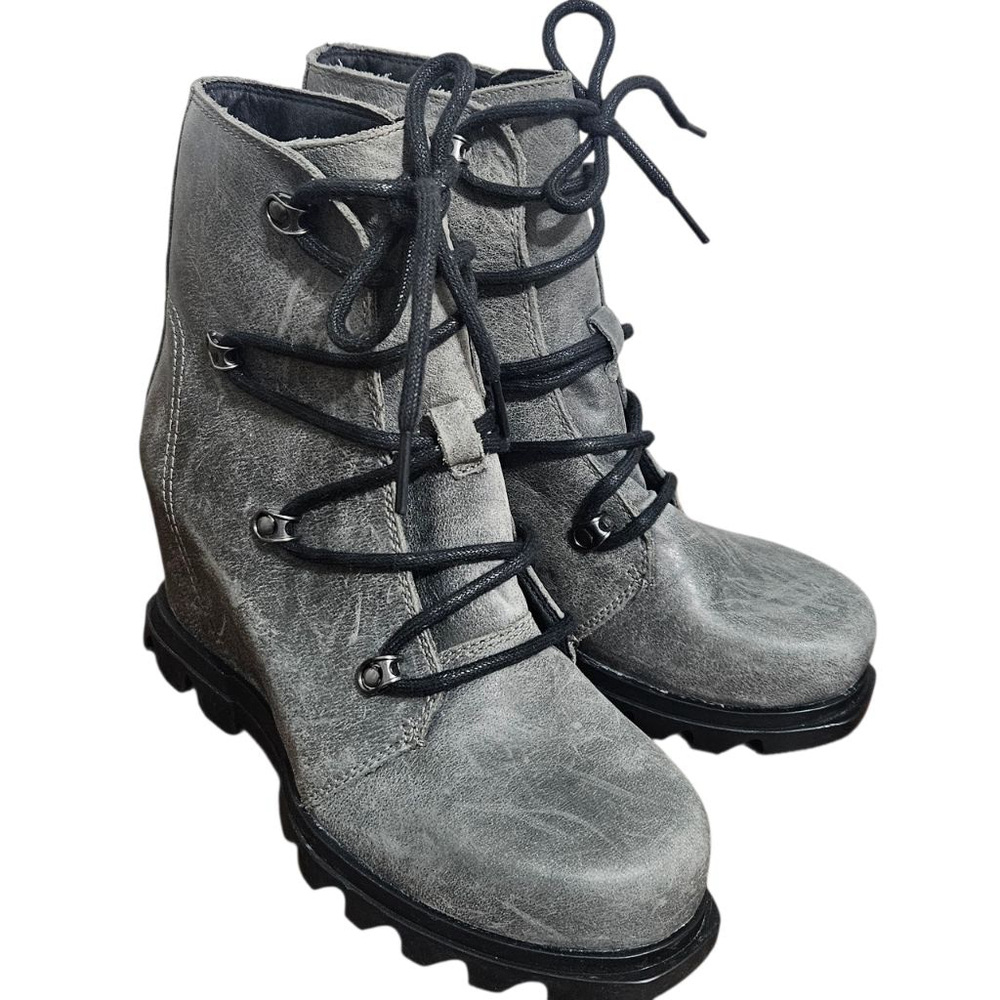 SOREL Joan Of Arctic lll Waterproof Lace-Up Wedge Booties Distress Grey Sz 6.5